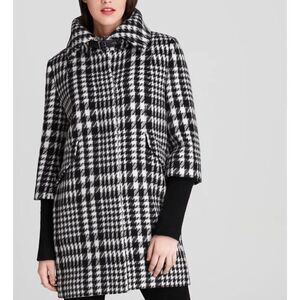 Cole Haan Houndstooth Cocoon Wool Blend Coat Black and White Size 4